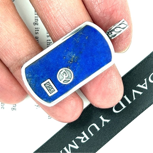 David Yurman Lapis Lazuli Exotic Stone Mens Women Dog Tag Amulet Pendant DY - Picture 2 of 5